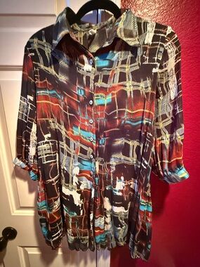 Multicolor Abstract Button-Front Shirt - Black, Turquoise, Red